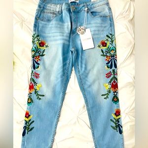 Zara Blue Denim Z 1975 Floral Embroidered Vintage Jeans Size 12 Petite